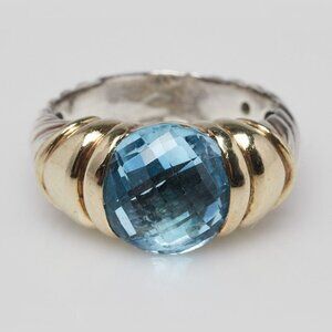 David Yurman 14K Gold Sterling Silver and Blue Topaz Capri Cocktail Ring Size 6